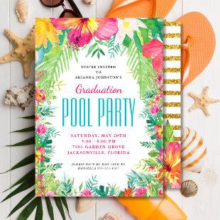 Tropical Floral Swimming Pool Party Graduation Invitation