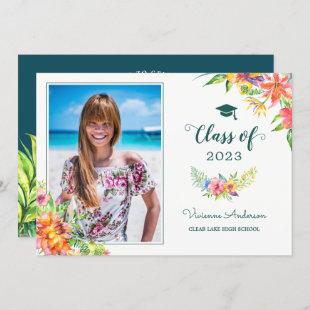 Tropical Floral Watercolor Grad Photo Graduation Invitation