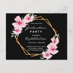 Tropical florals black graduation party invitation postcard