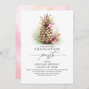 Tropical Gold Pineapple Beach Floral Graduation Invitation