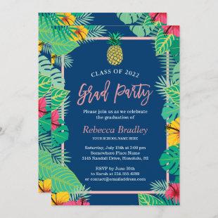 Tropical Graduation Party Navy Blue Gold Pineapple Invitation