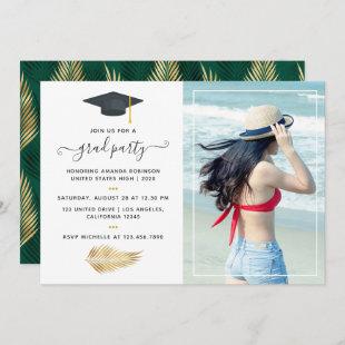 Tropical Green and Gold Graduation Party Photo Invitation