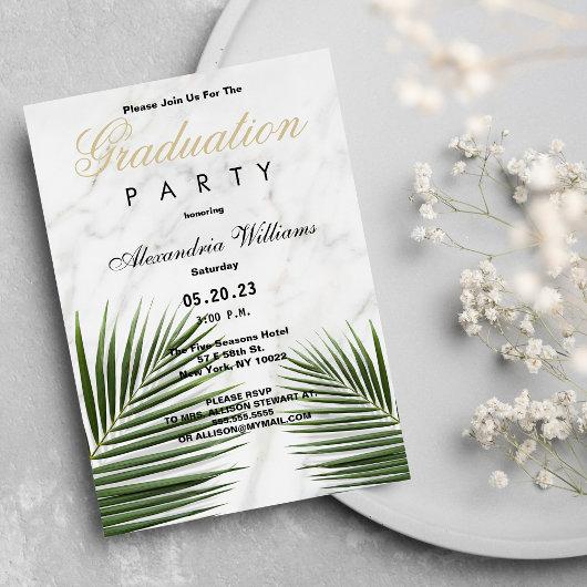 Tropical green white marble floral Graduation  Invitation