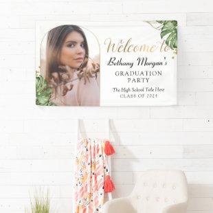 Tropical Greenery Gold Arch Photo Graduation Party Banner