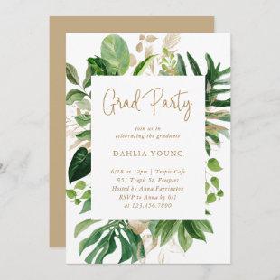 Tropical Greenery Gold Geometric Graduation Party Invitation