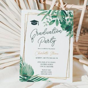 Tropical greenery palm gold script graduation invitation