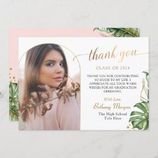 Tropical Greenery Pink Gold Arch Photo Graduation Thank You Card