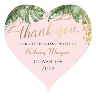 Tropical Greenery Pink Gold Graduation Thank You Heart Sticker