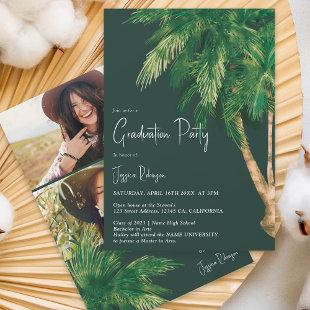 Tropical greenery script palm 3 photos graduation invitation