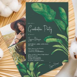 Tropical greenery script plant 3 photos graduation invitation