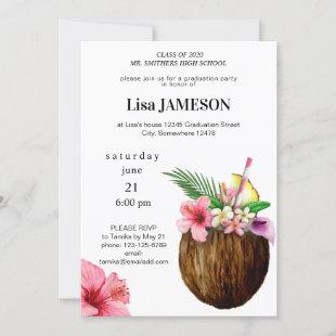 Tropical Hawaiian Floral & Coconut Gradauation Invitation