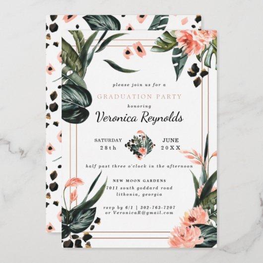 Tropical Jungle Greenery | Pink Floral Graduation Foil Invitation