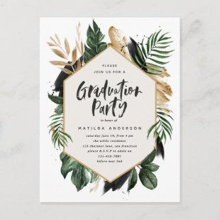 Tropical leaf graduation invitation postcard