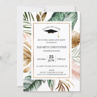 Tropical Leaves Glitter Geometric Frame Graduation Invitation