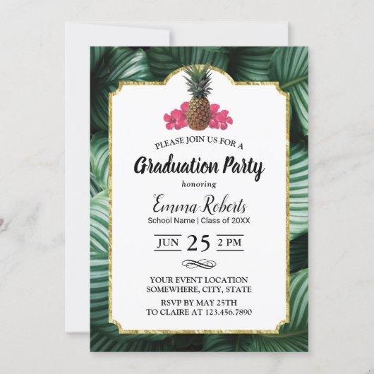 Tropical Leaves & Pineapple Luau Graduation Invitation