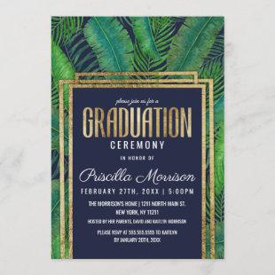 Tropical Palm Tree Green Gold Navy Blue Graduation Invitation
