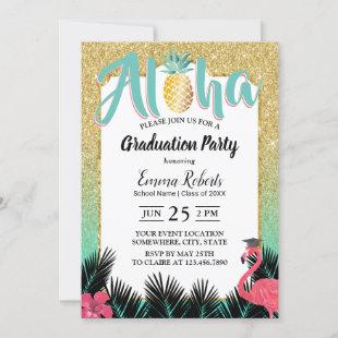 Tropical Pineapple Aloha Gold Glitter Graduation Invitation
