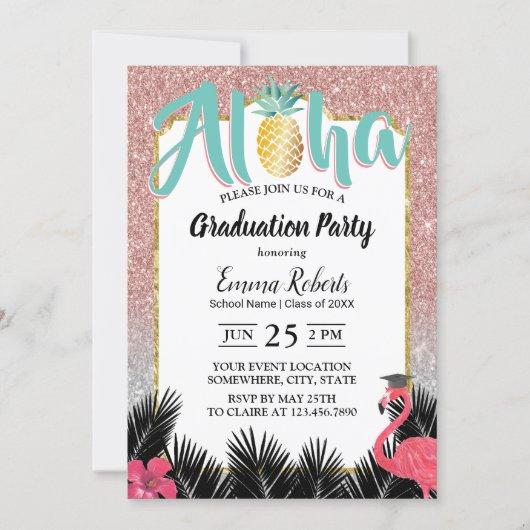 Tropical Pineapple Rose Gold Glitter Graduation Invitation