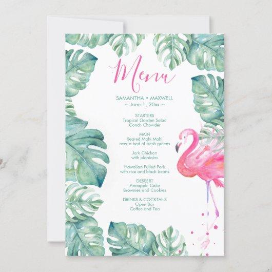 Tropical Pink Flamingo Watercolor Leaves Menu Invitation
