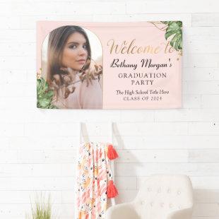 Tropical Pink Gold Arch Photo Graduation Party Banner