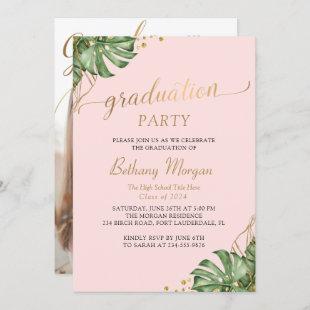 Tropical Pink Gold Arch Photo Graduation Party Invitation