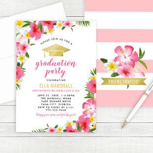 Tropical Pink Gold Hibiscus Flowers Graduation Invitation