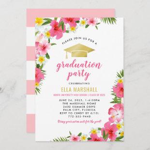 Tropical Pink Gold Hibiscus Flowers Graduation Invitation