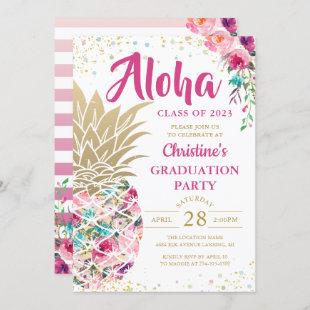 Tropical Pink Gold Pineapple Floral Graduation Invitation