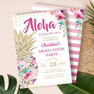 Tropical Pink Gold Pineapple Floral Graduation Invitation