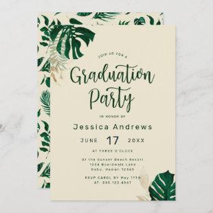 Tropical Themed Green Leaves Graduation Party Invitation