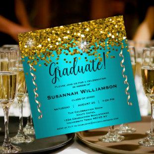 Turquoise and Gold Glitter Graduation Party Invitation