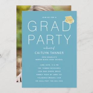 Turquoise Blue Modern Photo Graduation Party Invitation