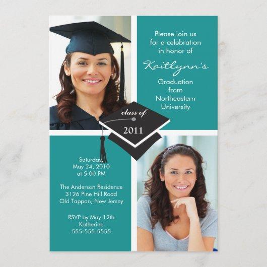 Turquoise Blue & White Photo Graduation Invitation