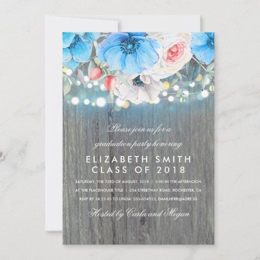 Turquoise Floral Rustic Wood Graduation Party Invitation