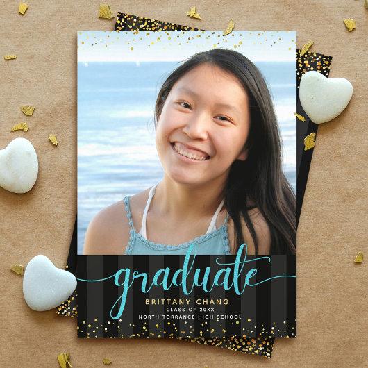 Turquoise glitter script photo graduation on black announcement