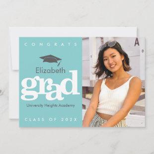 Turquoise graduation photo gray cap modern bold announcement