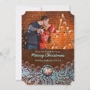 Turquoise Leather Country Western Christmas Photo Holiday Card