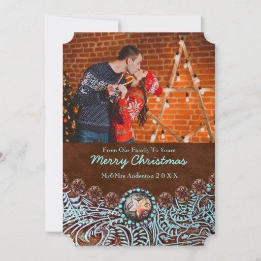 Turquoise Leather Country Western Christmas Photo Holiday Card