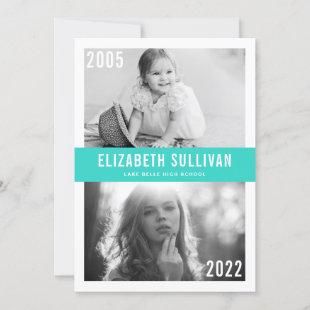 Turquoise Now and Then Photo Collage Graduation Invitation