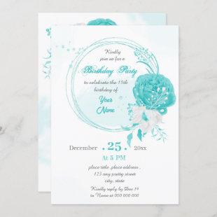turquoise white floral wreath birthday party invitation