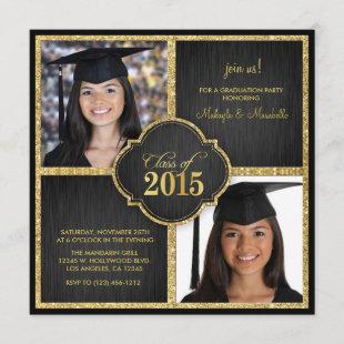Twins! Elegant Black & Gold Glitter Class of 2015 Invitation