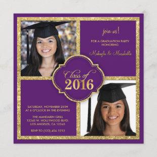 Twins Elegant Black & Purple Glitter Class of 2016 Invitation