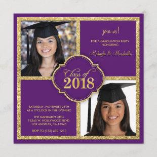 Twins Elegant Black & Purple Glitter Class of 2018 Invitation
