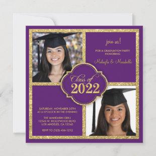 Twins Elegant Black & Purple Glitter Class of 2022 Invitation