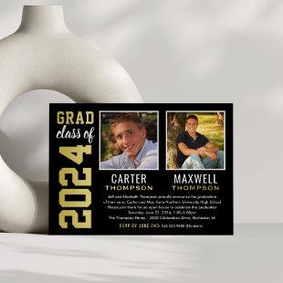 Two Graduates Black Gold Graduation Party Photo Foil Invitation