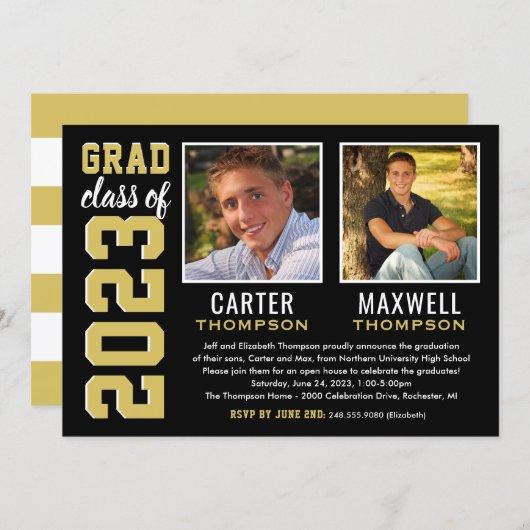 Two Graduates Black Gold Graduation Party Photo Invitation
