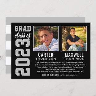 Two Graduates Black Gray Graduation Party Photo Invitation