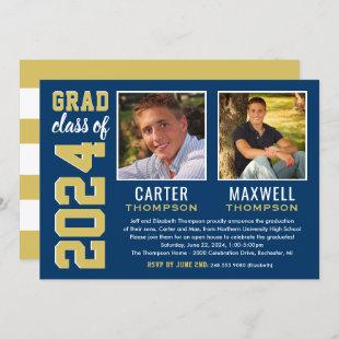 Two Graduates Navy Gold Graduation Party Photo Invitation