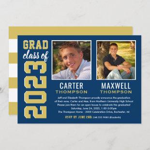 Two Graduates Navy Gold Graduation Party Photo Invitation