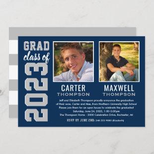 Two Graduates Navy Gray Graduation Party Photo Invitation